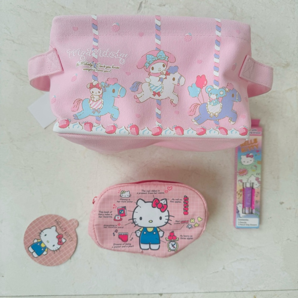 Hello Kitty pouch basket crayons bundle
